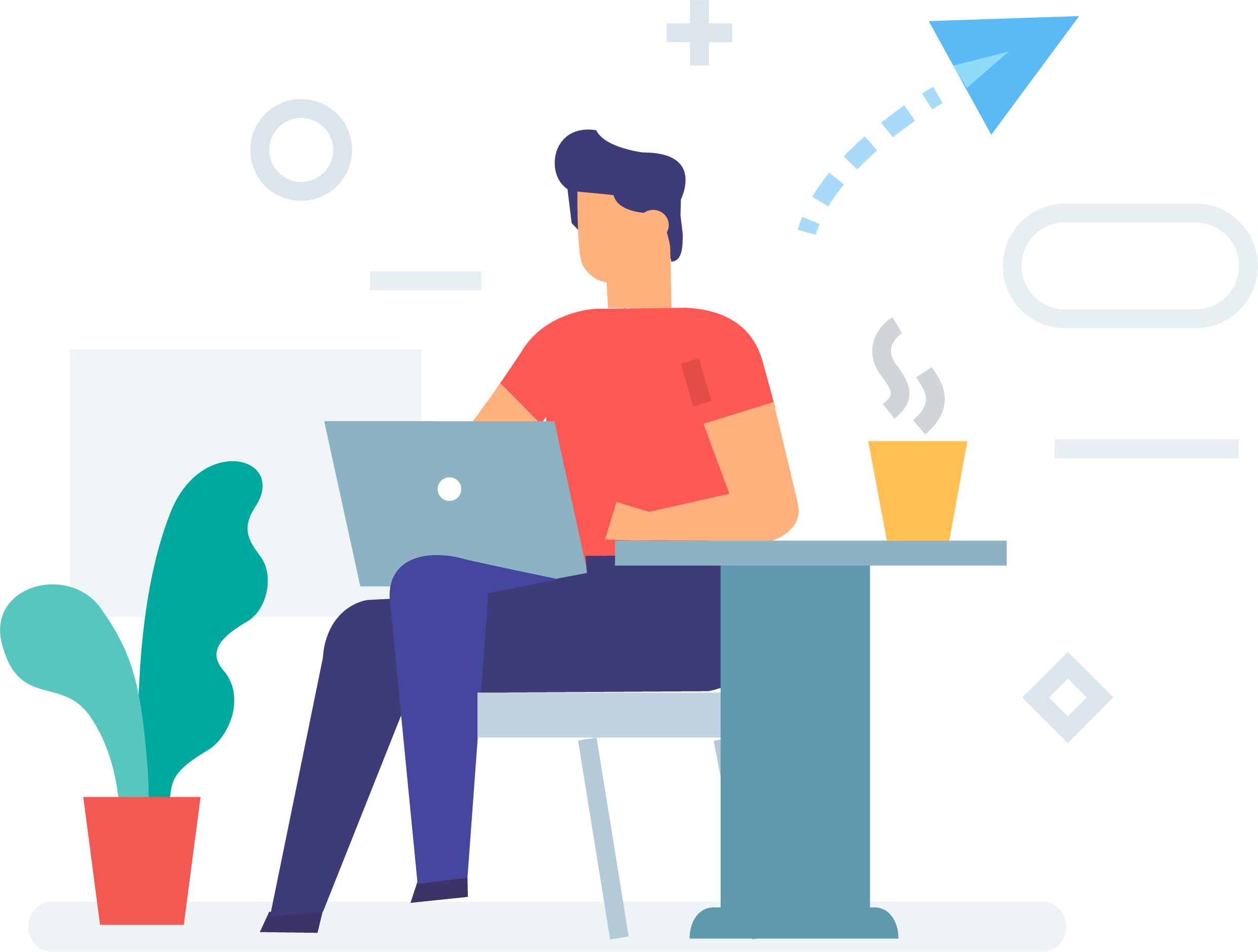 Man with crossed legs, holding laptop and sending a fax